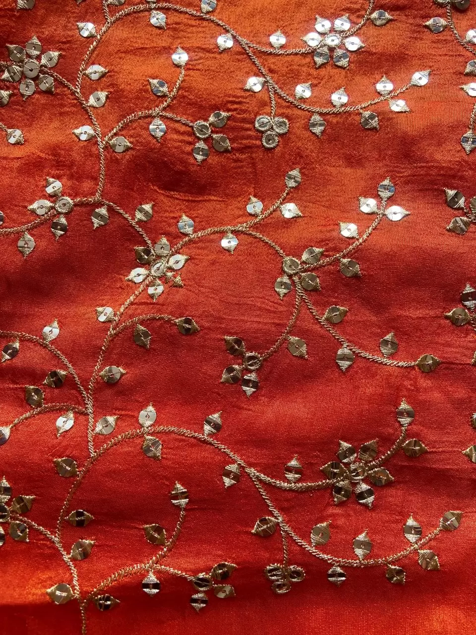 All Over Zari & Sequin Embroidery In Floral Jaal Pattern On Orange Cosmos Silk Fabric