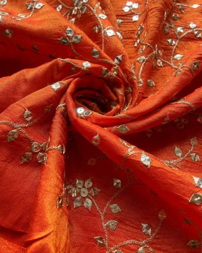 All Over Zari & Sequin Embroidery In Floral Jaal Pattern On Orange Cosmos Silk Fabric