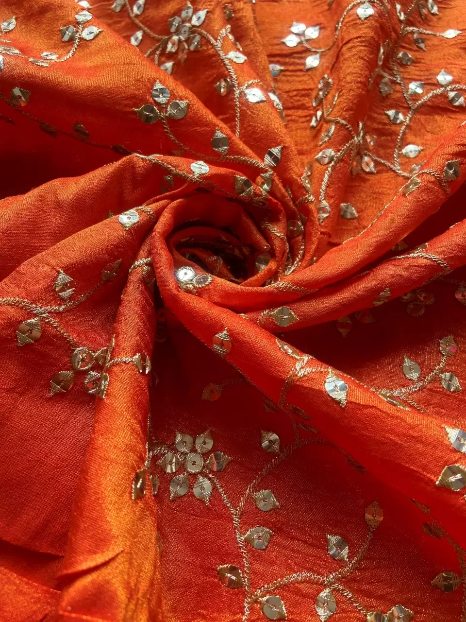 All Over Zari & Sequin Embroidery In Floral Jaal Pattern On Orange Cosmos Silk Fabric