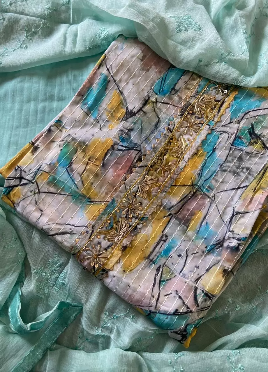Pure Cotton Abstract All Over Threading Unstitched Suit Piece With Chiffon Dupatta