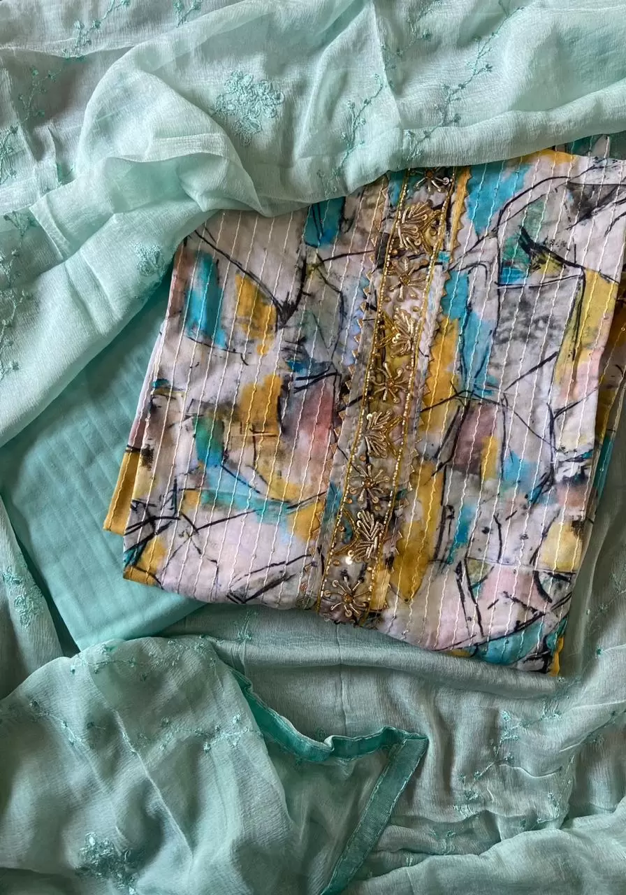 Pure Cotton Abstract All Over Threading Unstitched Suit Piece With Chiffon Dupatta