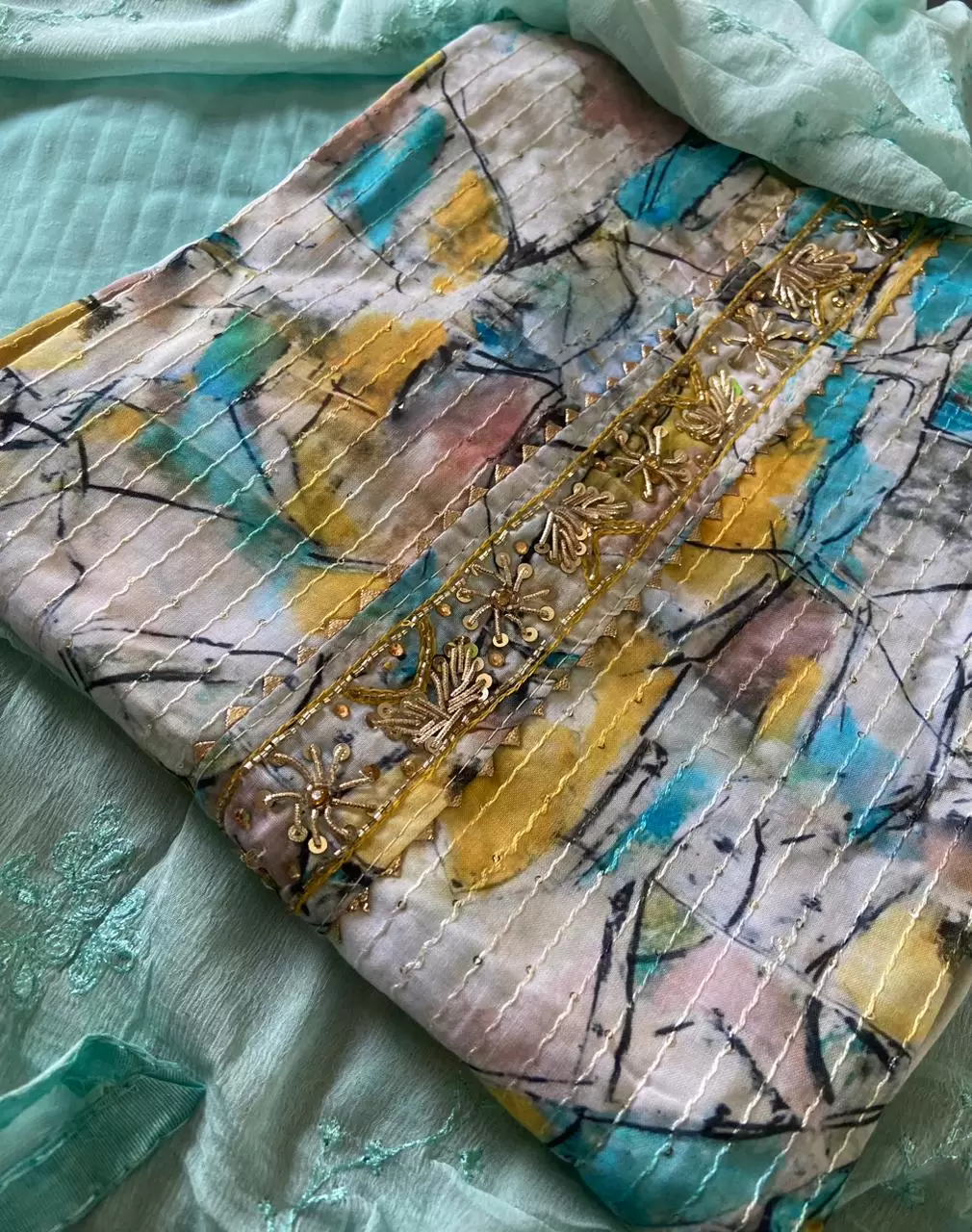 Pure Cotton Abstract All Over Threading Unstitched Suit Piece With Chiffon Dupatta