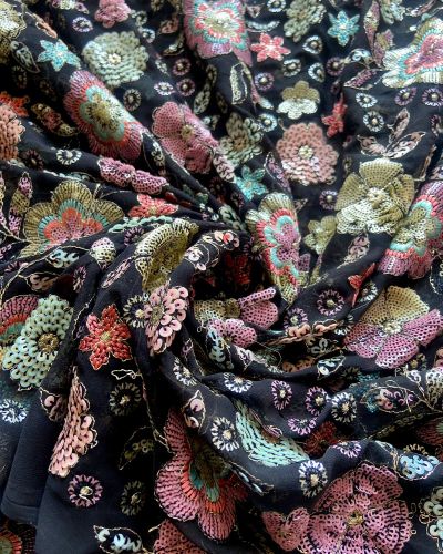 Exclusive All Over Floral Pattern Sequin Embroidery On Black Viscose Georgette Fabric