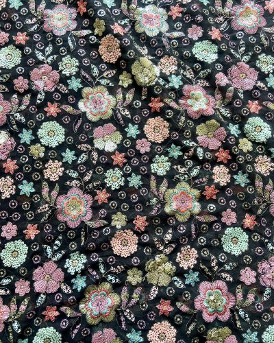 Exclusive All Over Floral Pattern Sequin Embroidery On Black Viscose Georgette Fabric