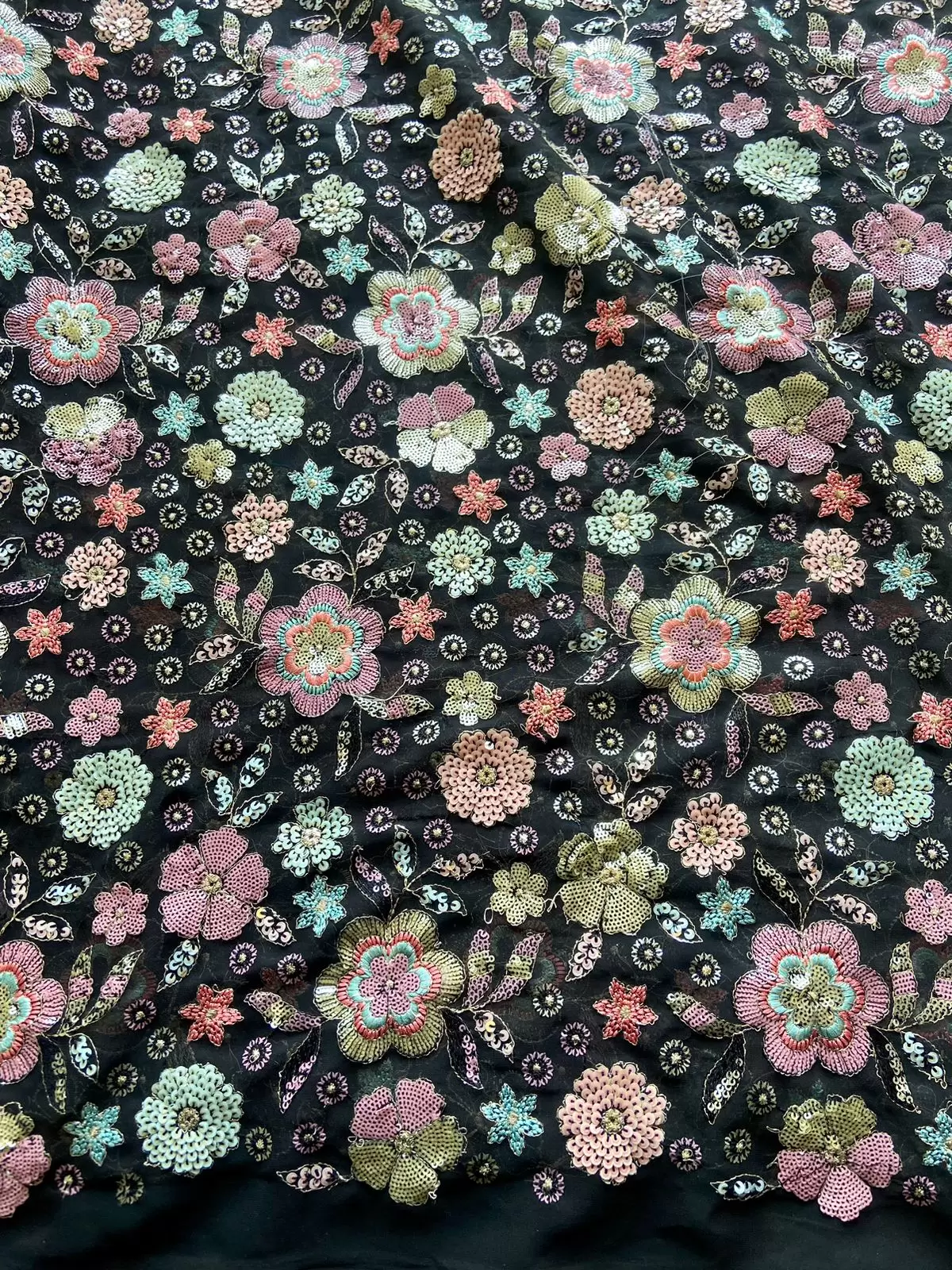 Exclusive All Over Floral Pattern Sequin Embroidery On Black Viscose Georgette Fabric