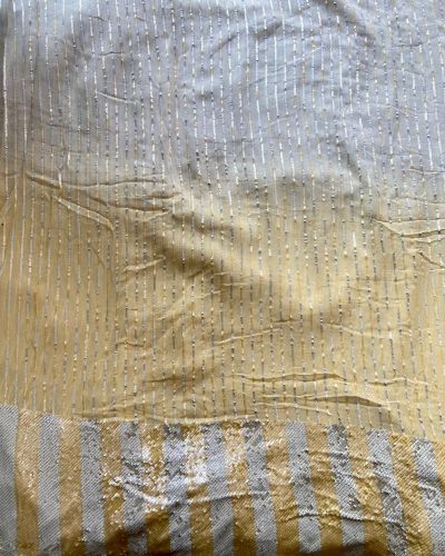 All Over Sequin Stripes & Heavy Sequin Work On Border On Creme To Lime Yellow Shaded Pure Georgette Fabric