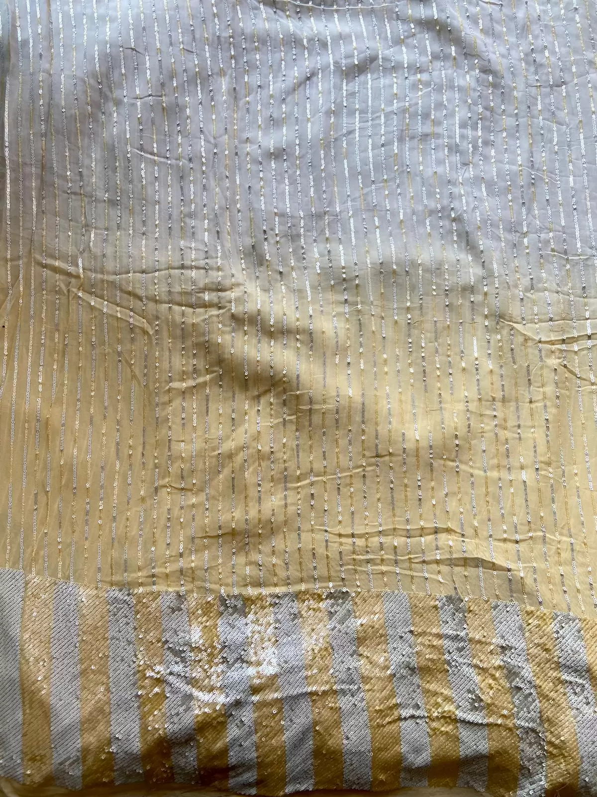 All Over Sequin Stripes & Heavy Sequin Work On Border On Creme To Lime Yellow Shaded Pure Georgette Fabric