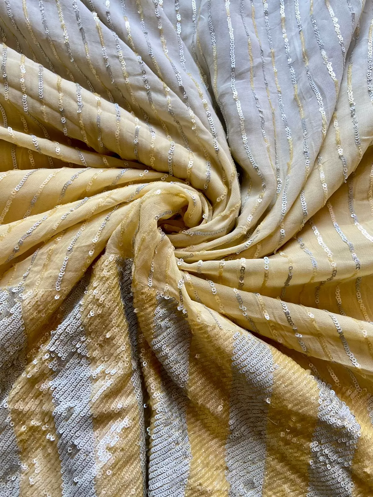 All Over Sequin Stripes & Heavy Sequin Work On Border On Creme To Lime Yellow Shaded Pure Georgette Fabric