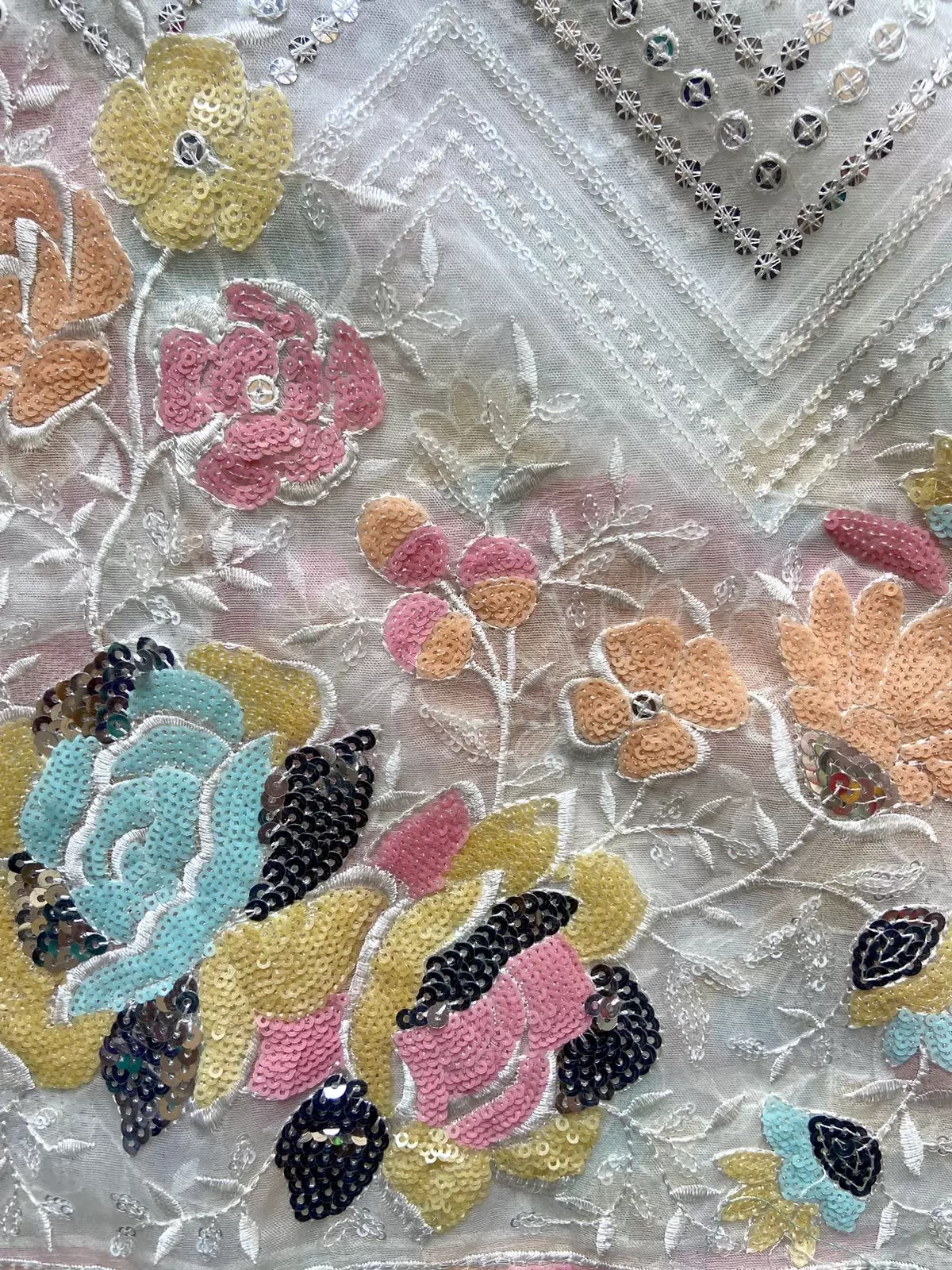 Exclusive Sequin & Thread Embroidery In Zig Zag Pattern With Heavy Multicoloured Sequin Work On Border On White Organza Fabric