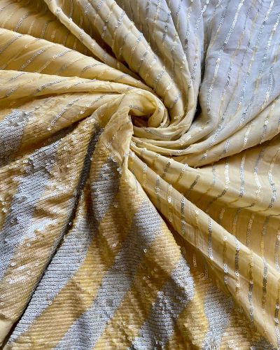 All Over Sequin Stripes & Heavy Sequin Work On Border On Creme To Lime Yellow Shaded Pure Georgette Fabric