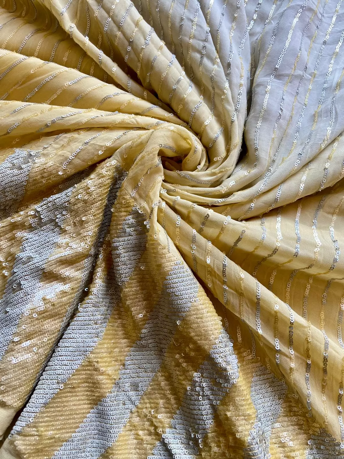 All Over Sequin Stripes & Heavy Sequin Work On Border On Creme To Lime Yellow Shaded Pure Georgette Fabric
