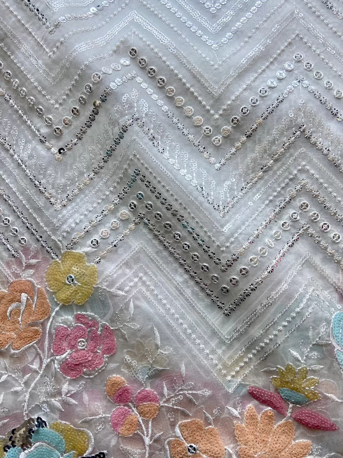 Exclusive Sequin & Thread Embroidery In Zig Zag Pattern With Heavy Multicoloured Sequin Work On Border On White Organza Fabric