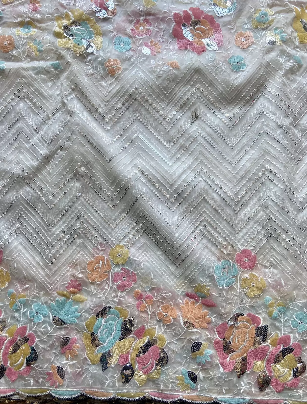 Exclusive Sequin & Thread Embroidery In Zig Zag Pattern With Heavy Multicoloured Sequin Work On Border On White Organza Fabric
