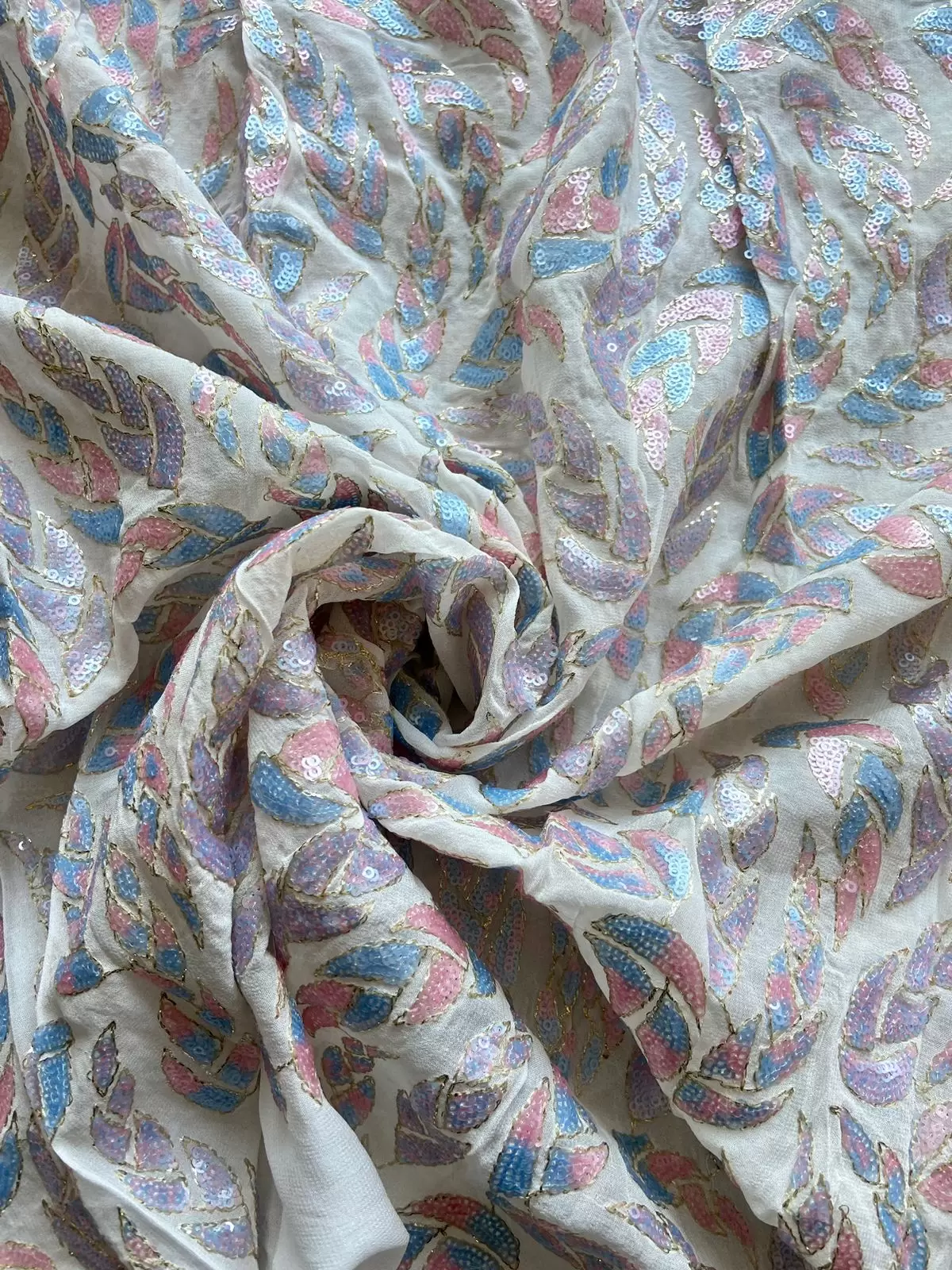 All Over Leaf Pattern Sequin Embroidery On White Georgette Fabric