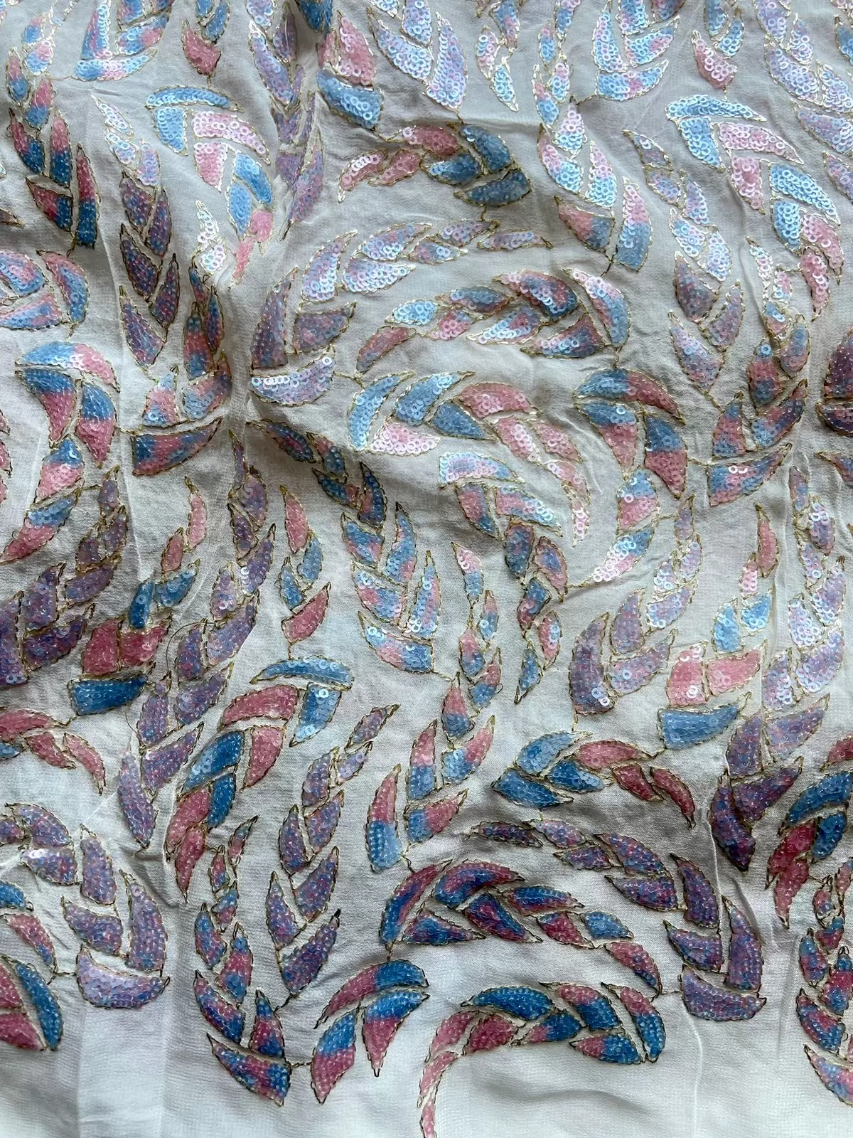 All Over Leaf Pattern Sequin Embroidery On White Georgette Fabric