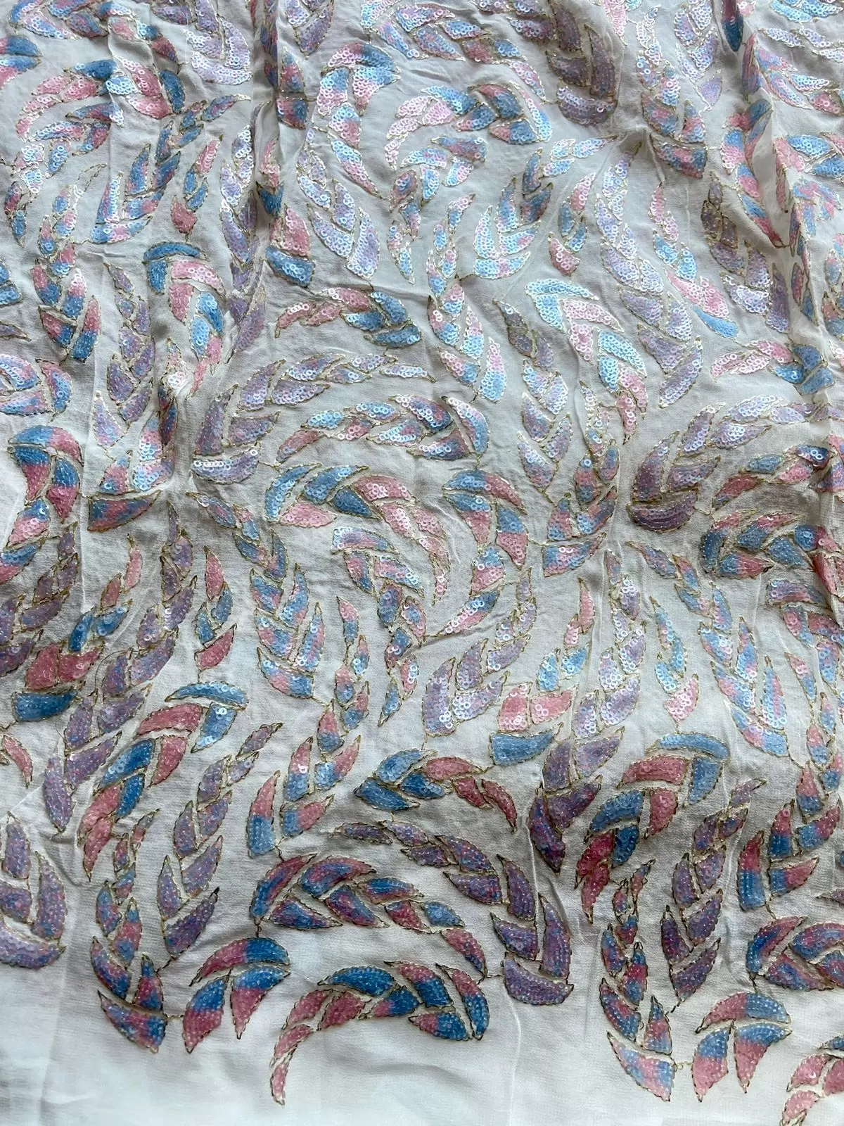 All Over Leaf Pattern Sequin Embroidery On White Georgette Fabric