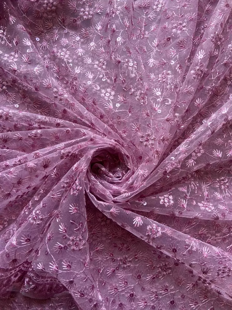 Floral Pattern Thread Embroidery On Net Fabric