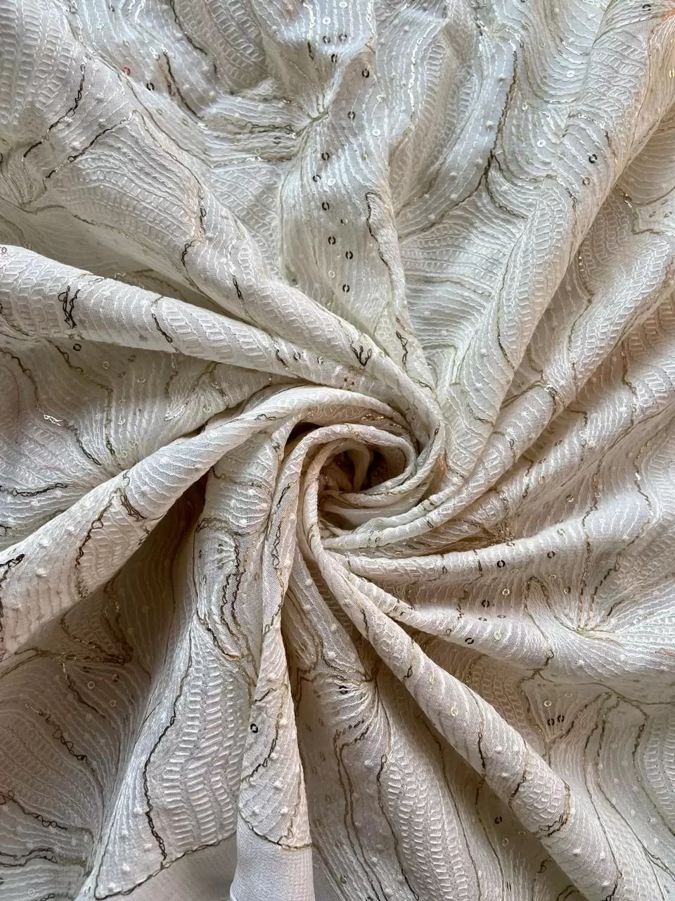 White On White Thread & Sequin Embroidery With Abstract Leaf Pattern On White Georgette Fabric