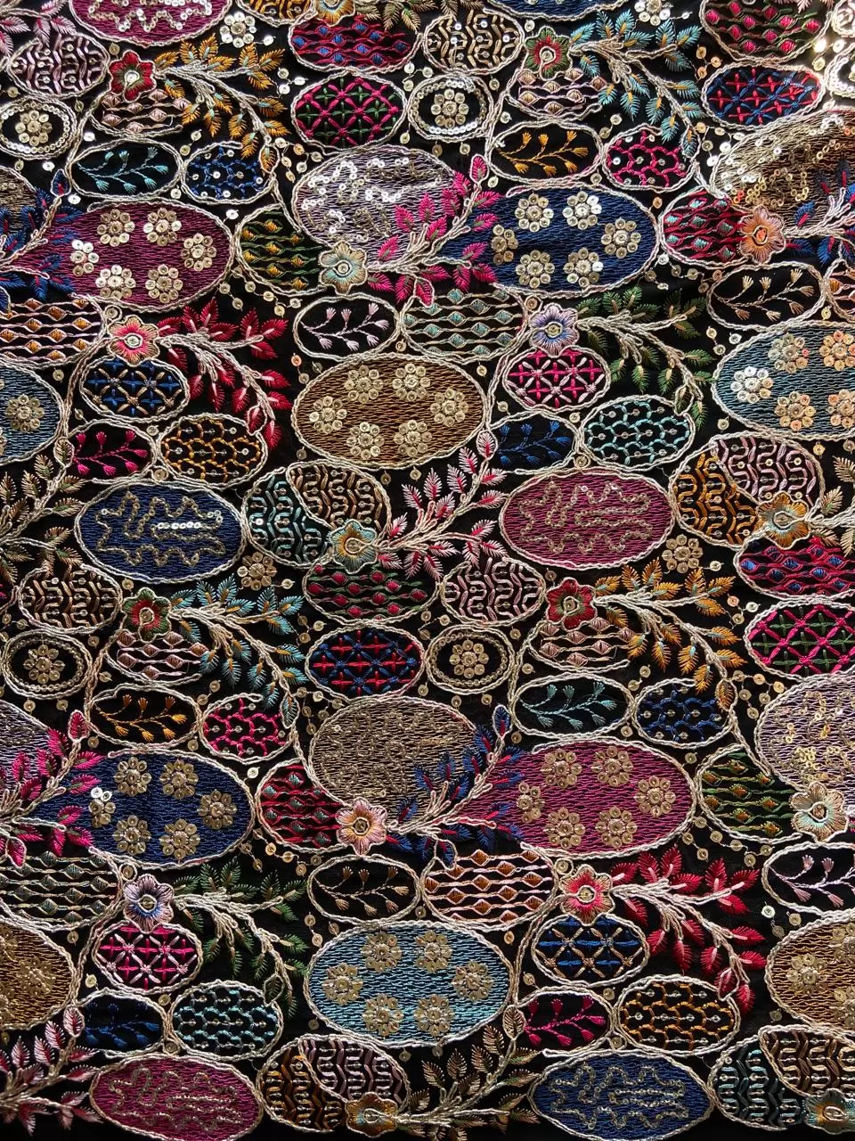 Exclusive Heavy Sequin, Dori & Multicoloured Thread Embroidery On Black Georgette Fabric