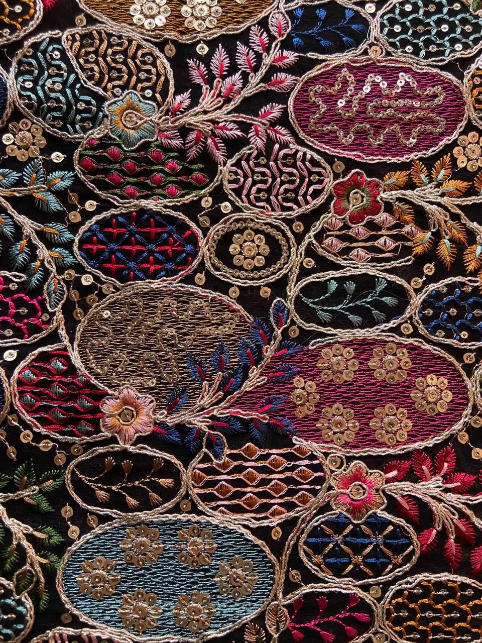 Exclusive Heavy Sequin, Dori & Multicoloured Thread Embroidery On Black Georgette Fabric