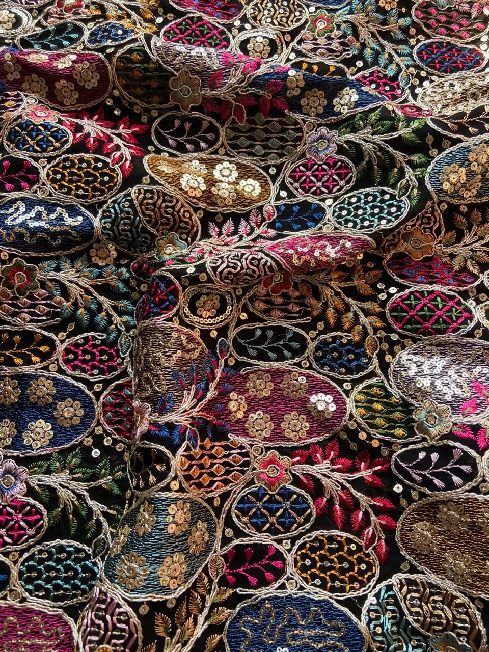 Exclusive Heavy Sequin, Dori & Multicoloured Thread Embroidery On Black Georgette Fabric