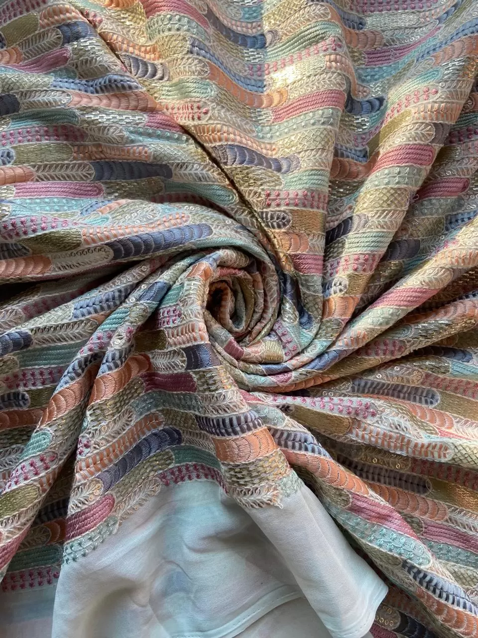 All Over Multicoloured Thread Embroidery In On Sea Green Georgette Fabric