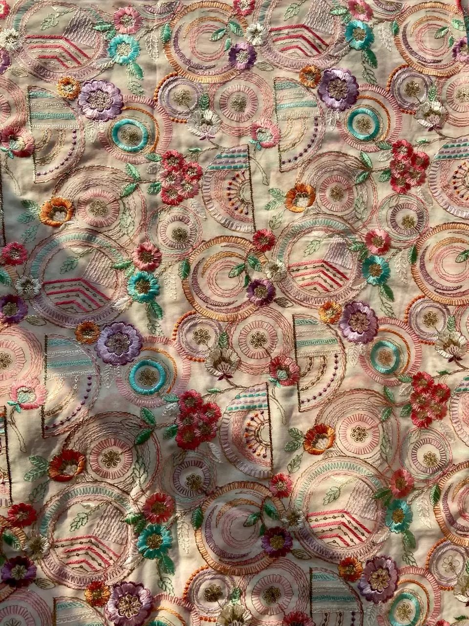 Exclusive All Over Multicoloured Thread Work Embroidery In Circular & Floral Pattern On Off White Georgette Fabric