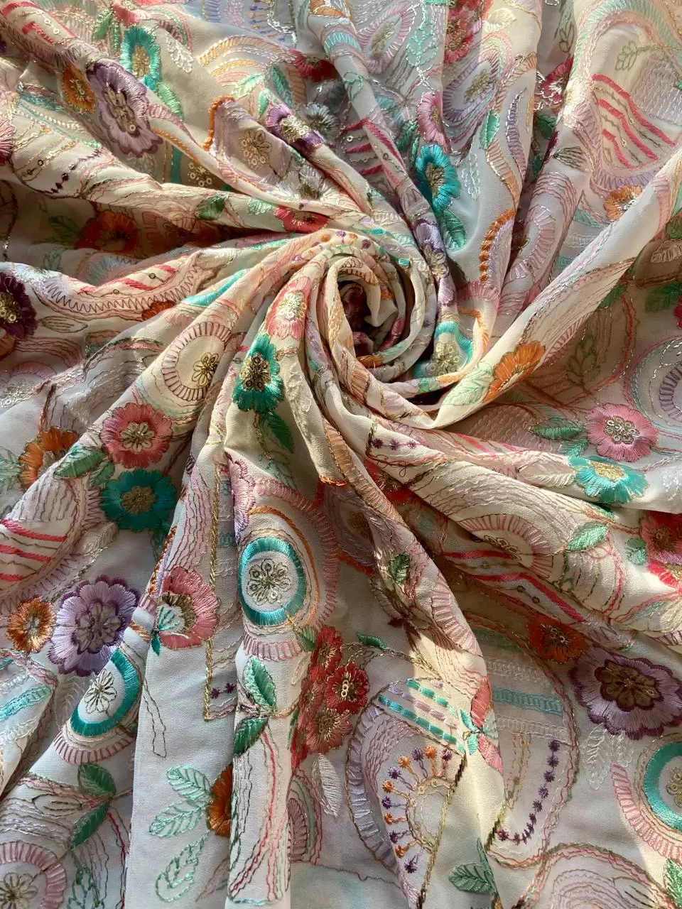 Exclusive All Over Multicoloured Thread Work Embroidery In Circular & Floral Pattern On Off White Georgette Fabric