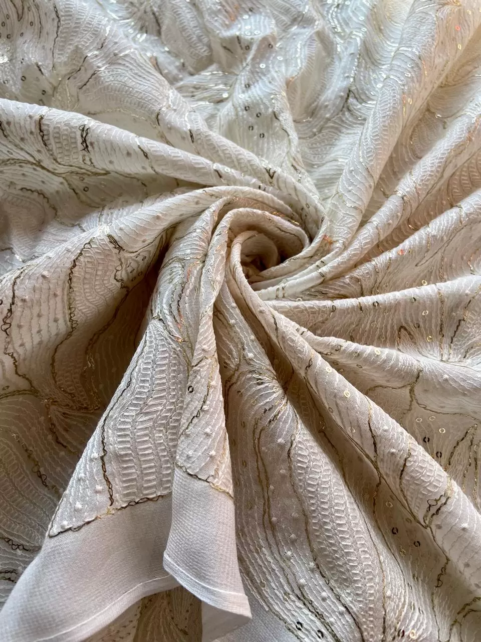 White On White Thread & Sequin Embroidery With Abstract Leaf Pattern On White Georgette Fabric