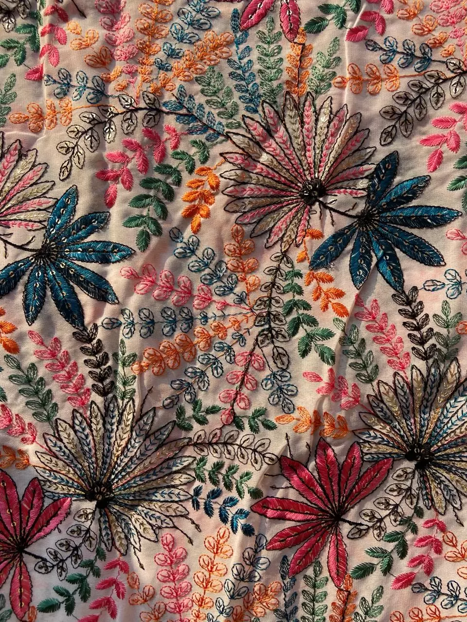 Exclusive All Over Multicoloured Thread Embroidery In Floral Pattern On Baby Pink Georgette Fabric