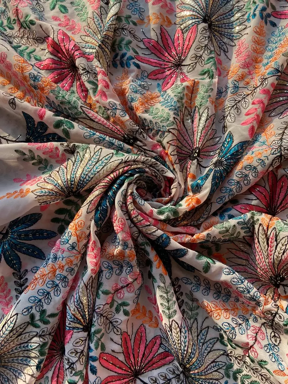 Exclusive All Over Multicoloured Thread Embroidery In Floral Pattern On Baby Pink Georgette Fabric