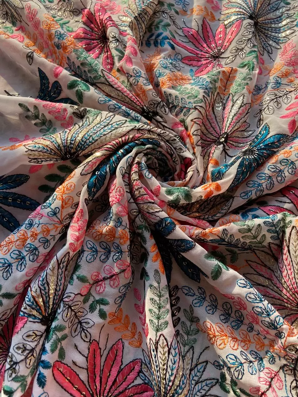 Exclusive All Over Multicoloured Thread Embroidery In Floral Pattern On Baby Pink Georgette Fabric