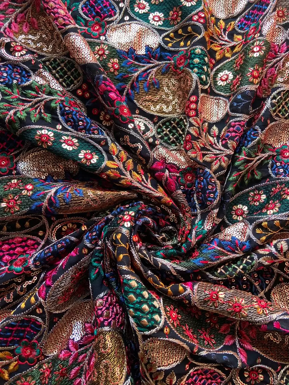 Exclusive Heavy Sequin, Zari & Multicoloured Thread Embroidery On Black Georgette Fabric