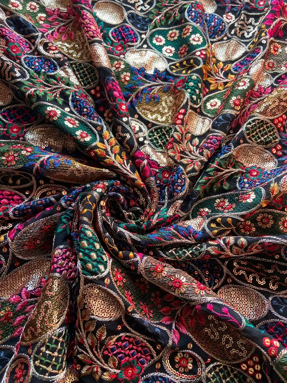 Exclusive Heavy Sequin, Zari & Multicoloured Thread Embroidery On Black Georgette Fabric