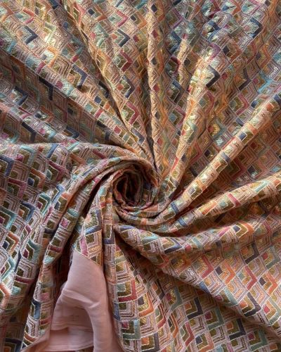 Exclusive All Over Multicoloured Thread Embroidery On Square Pattern On Pastel Peach Georgette Fabric