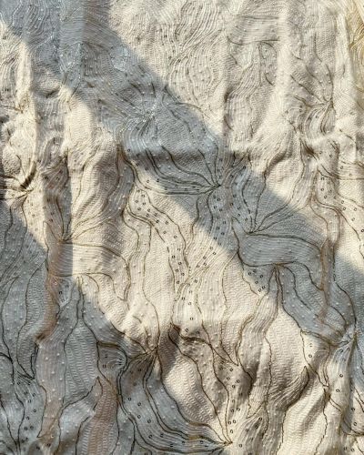 White On White Thread & Sequin Embroidery With Abstract Leaf Pattern On White Georgette Fabric