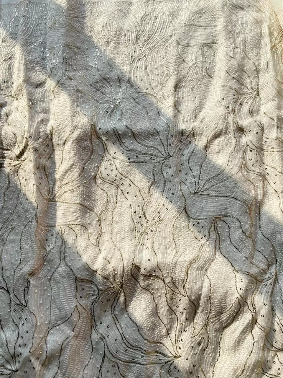 White On White Thread & Sequin Embroidery With Abstract Leaf Pattern On White Georgette Fabric