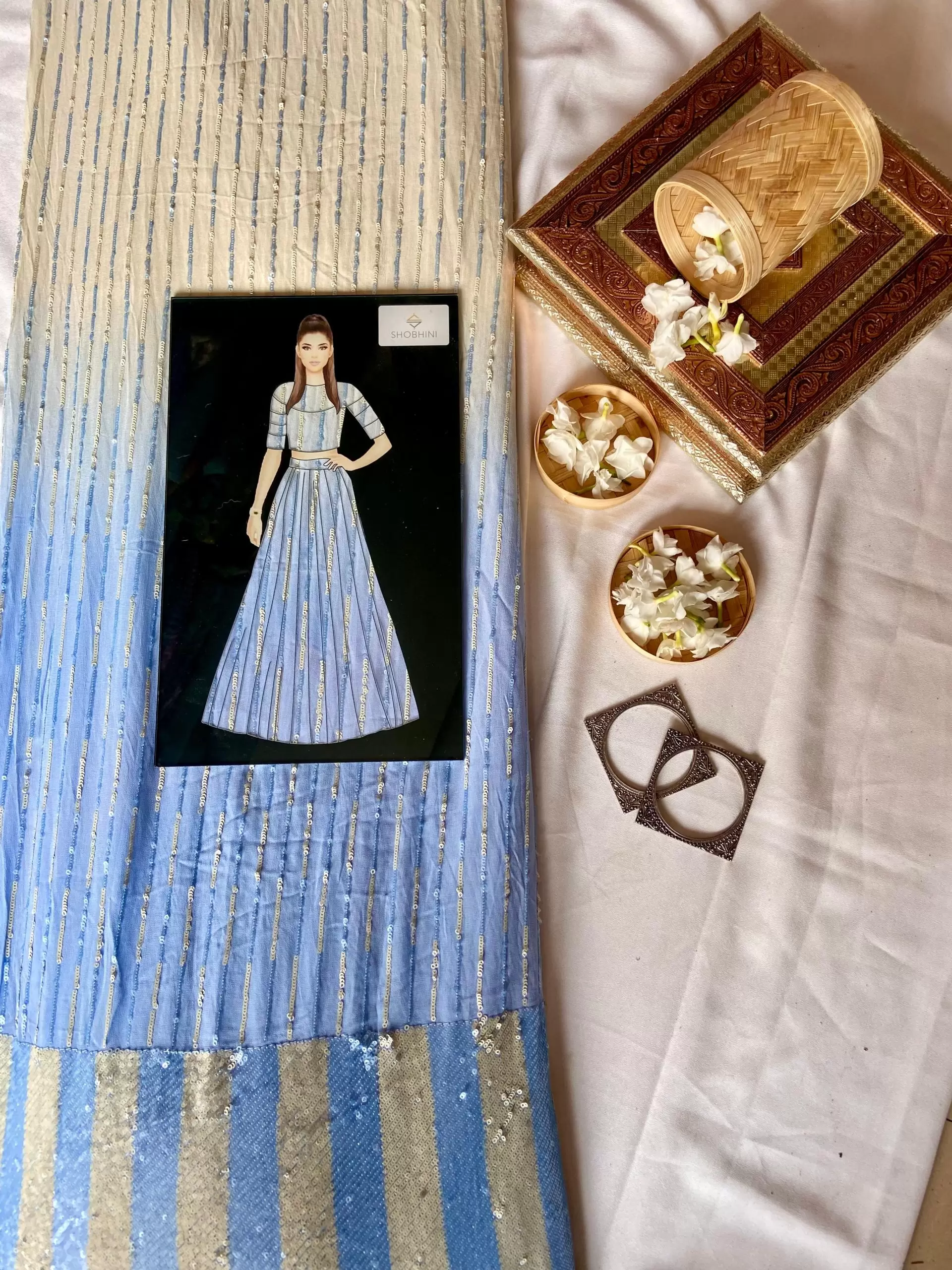 All Over Sequin Stripes & Heavy Sequin Work On Border On Creme To Powder Blue Shaded Pure Georgette Fabric