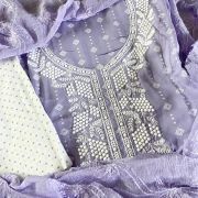 White Thread Work On Printed Cotton Lavender Unstitched Suit Piece