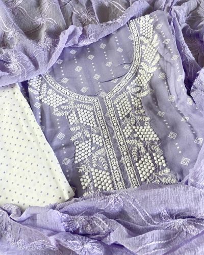 White Thread Work On Printed Cotton Lavender Unstitched Suit Piece