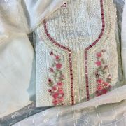 Multicolour Floral Thread & Mirror Work On Off White Chikankari Unstitched Georgette Suit Piece