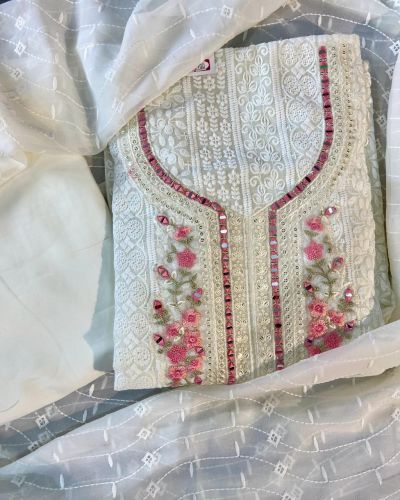 Multicolour Floral Thread & Mirror Work On Off White Chikankari Unstitched Georgette Suit Piece