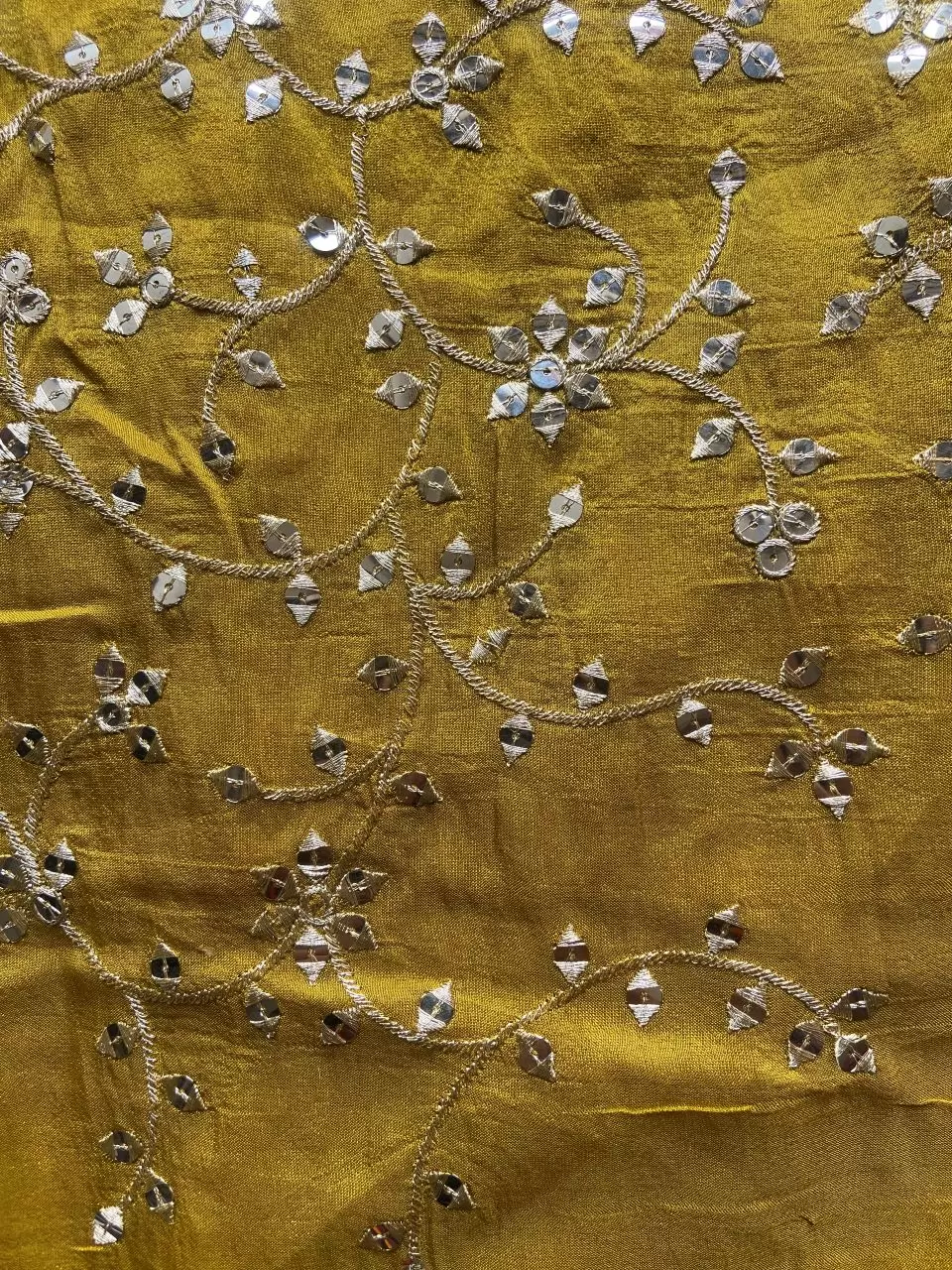 All Over Zari & Sequin Embroidery In Floral Jaal Pattern On Lime Green Cosmos Silk Fabric