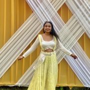 White Thread & Sequin Embroidery On Lemon Yellow Viscose Georgette Dungaree