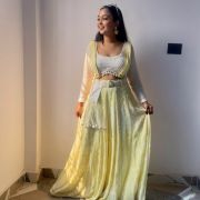 White Thread & Sequin Embroidery On Lemon Yellow Viscose Georgette Dungaree