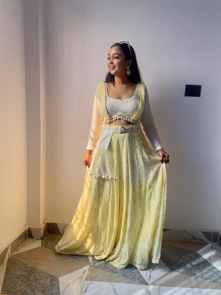 White Thread & Sequin Embroidery On Lemon Yellow Viscose Georgette Dungaree
