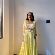 White Thread & Sequin Embroidery On Lemon Yellow Viscose Georgette Dungaree