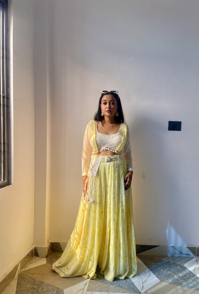 White Thread & Sequin Embroidery On Lemon Yellow Viscose Georgette Dungaree