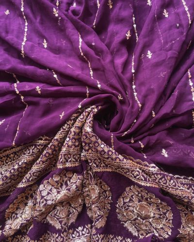 GOLD SEQUIN EMBROIDERY WITH HEAVY BORDER ON WINE GEORGETTE FABRIC