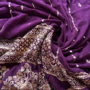 GOLD SEQUIN EMBROIDERY WITH HEAVY BORDER ON WINE GEORGETTE FABRIC